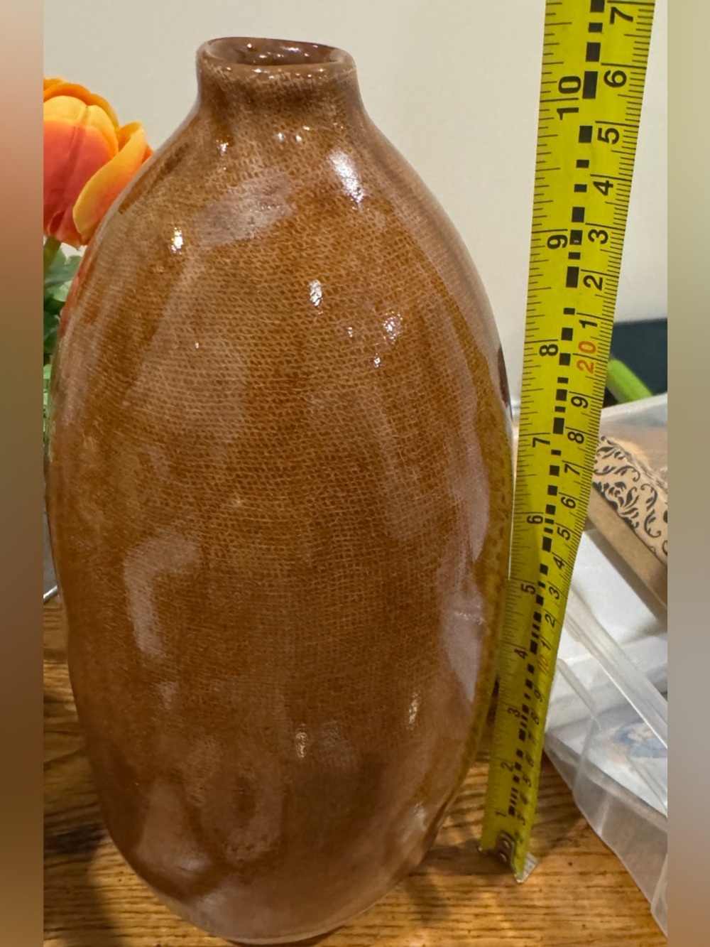 Hilda Flack Palm Beach Brown Tan Burlap Glazed Round ceramic Vessel Vase - Picture 6 of 7